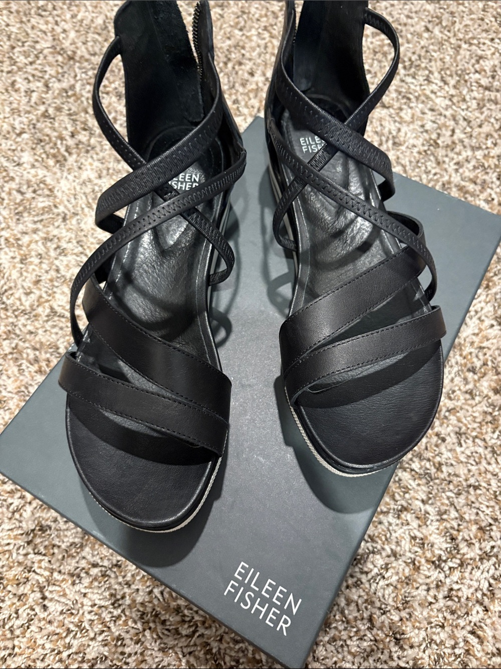 Eileen Fisher Black Leather Crisscross Heel Sandals